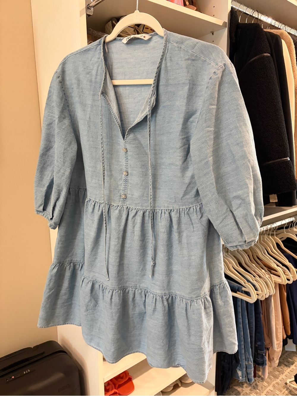 Zara Pale Denim Blue Tiered Long-Sleeve Dress with V-Neck Ties